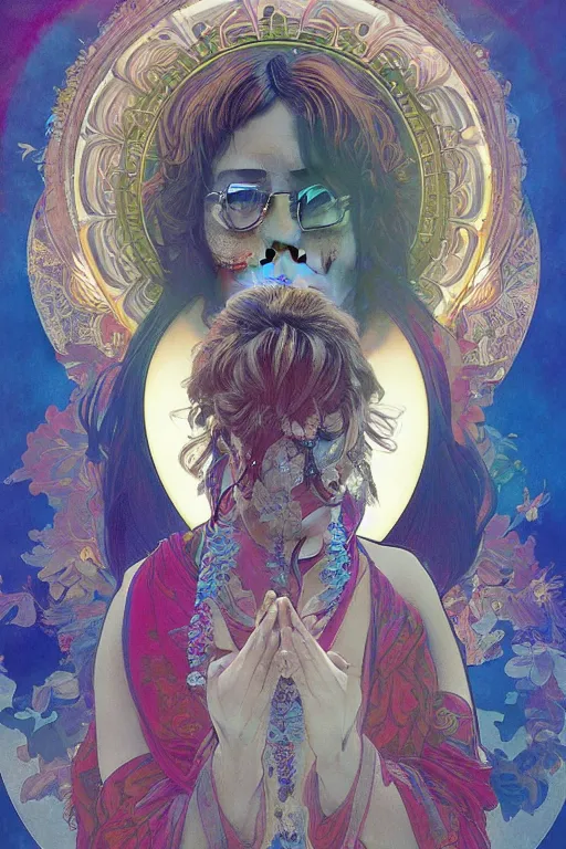 Image similar to young john lennon bodhisattva, praying, prayer hands, 1967 psychedelic portrait art by artgerm and greg rutkowski and alphonse mucha