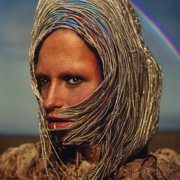 Prompt: closeup portrait of a woman with a hood made of wire and rainbows, standing in a fertile apocalyptic landscape, by Annie Leibovitz and Steve McCurry, natural light, detailed face, CANON Eos C300, ƒ1.8, 35mm, 8K, medium-format print