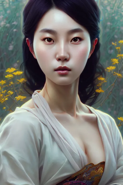 Image similar to beautiful digital painting of lee jin - eun gray background with high detail, 8 k, stunning detail, photo by artgerm, greg rutkowski and alphonse mucha, unreal engine 5, 4 k uhd