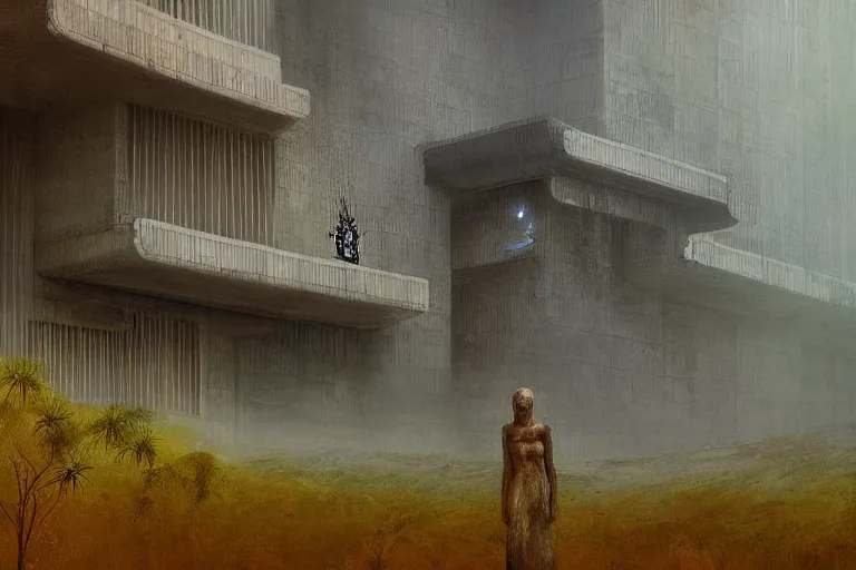 Image similar to Himeji Rivendell Brutalist Opera Hall overlooks the Garden ofEden hallucination, amazing concept painting, by Jessica Rossier by HR giger by Beksinski,