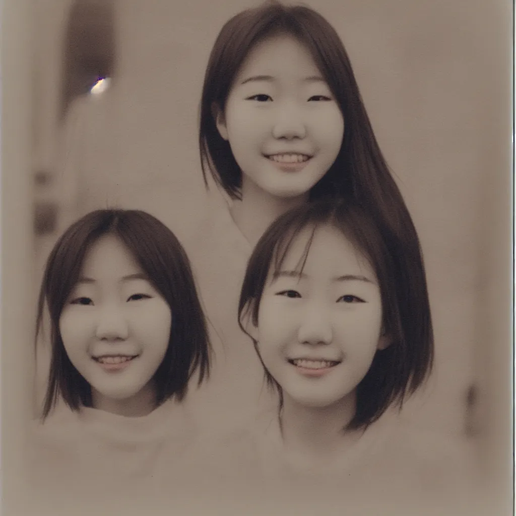 Prompt: a happy korean teenage girl, polaroid photo, highly detailed, realistic face, grainy