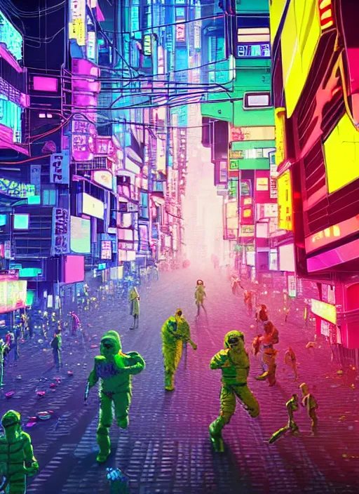 Image similar to giant colorful bright microbe and virus and dna and bacteriophage eat people in streets, neo - tokyo, realistic, 8 k, ultra detailed