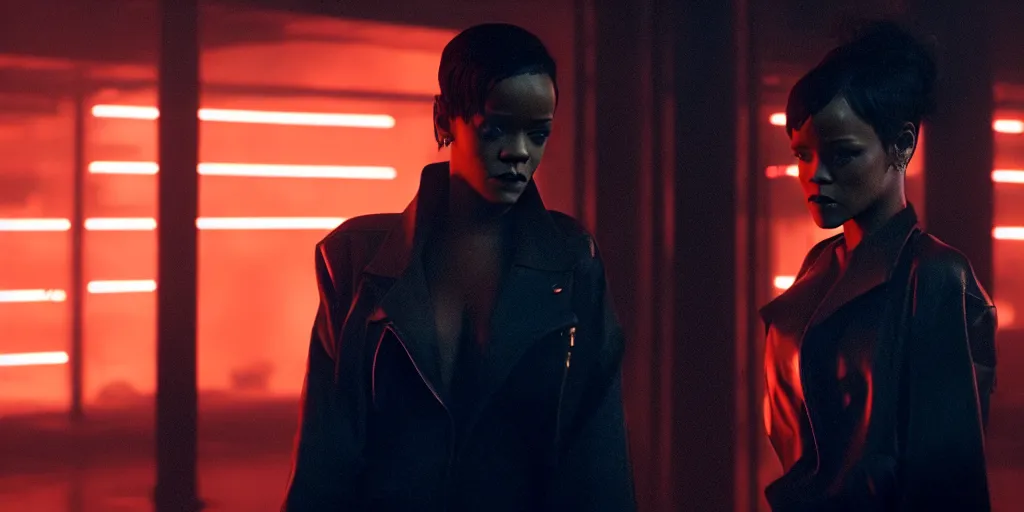 Prompt: film still of rihanna in blade runner 2 0 4 9, wearing clothes, cinematic, moody, gritty neon noir