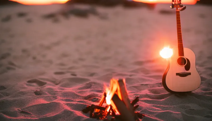 Image similar to kodak portra 400 photo of an acoustic guitar and a campfire on the beach at sunset, golden hour, dimly lit