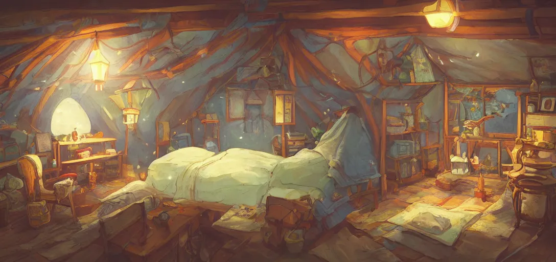 Image similar to cozy attic packed with antiques and furniture, a tent made of bedsheet lit by colorful lightbulps, intricate Details, illustration , in the style of Studio ghibli, breath of the wild, myazaki, anime, clean render, denoise, rule of thirds