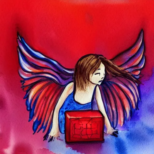 Image similar to Angel crying on top of a red ocean cube, trending on ArtStation watercolor drawing painting creative painterly artistic