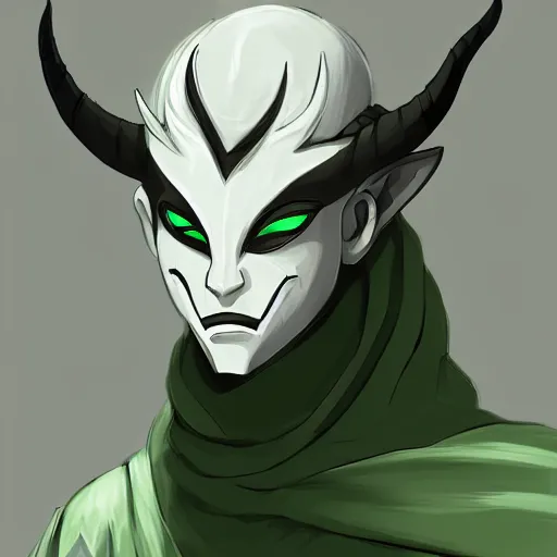 Image similar to tiefling ; demon humanoid ; grey skin ; green horns ; green eyes ; white hood ; japanese mouth mask ; male ; black hair ; white robes ; paladin ; glaive ; cinematic ; trending on artstation ; in the style of studio ghibli ; high detail ; digital art