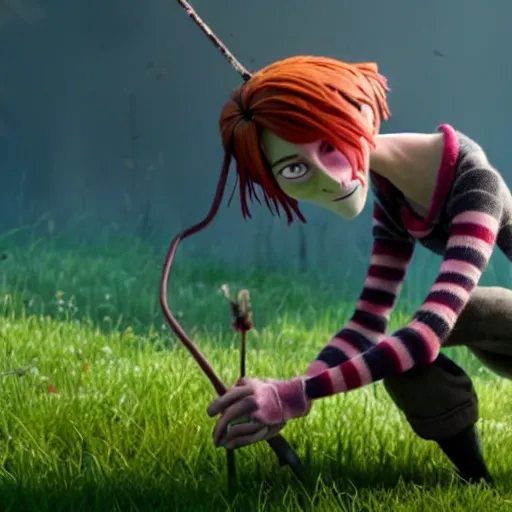 Image similar to a stopmotion animation character, a beautiful and mad canadian woman, on her knees, pulling weeds out frantically, some grey hair, stripey pants, octane render, 8 k, kubo and the two strings,