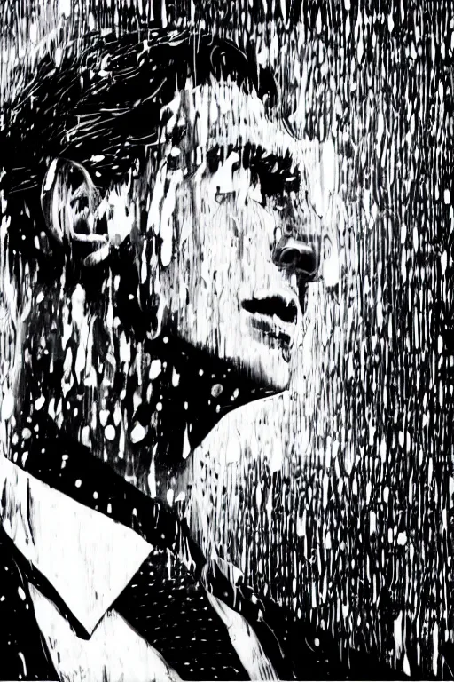 Image similar to black and white illustration of Patrick Bateman in a rainy street, neo noir style, Frank Miller creative design, body horror