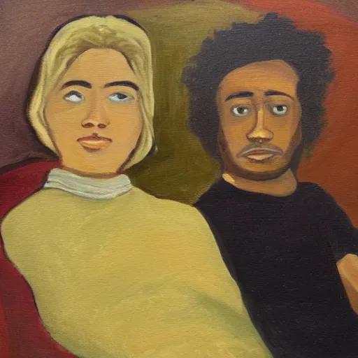 Image similar to a painting of a man and a woman sitting next to each other