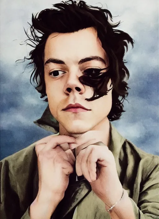 Image similar to Harry Styles, Ethereal, Majestic, Aesthetic, Art Style by Diego Velazquez