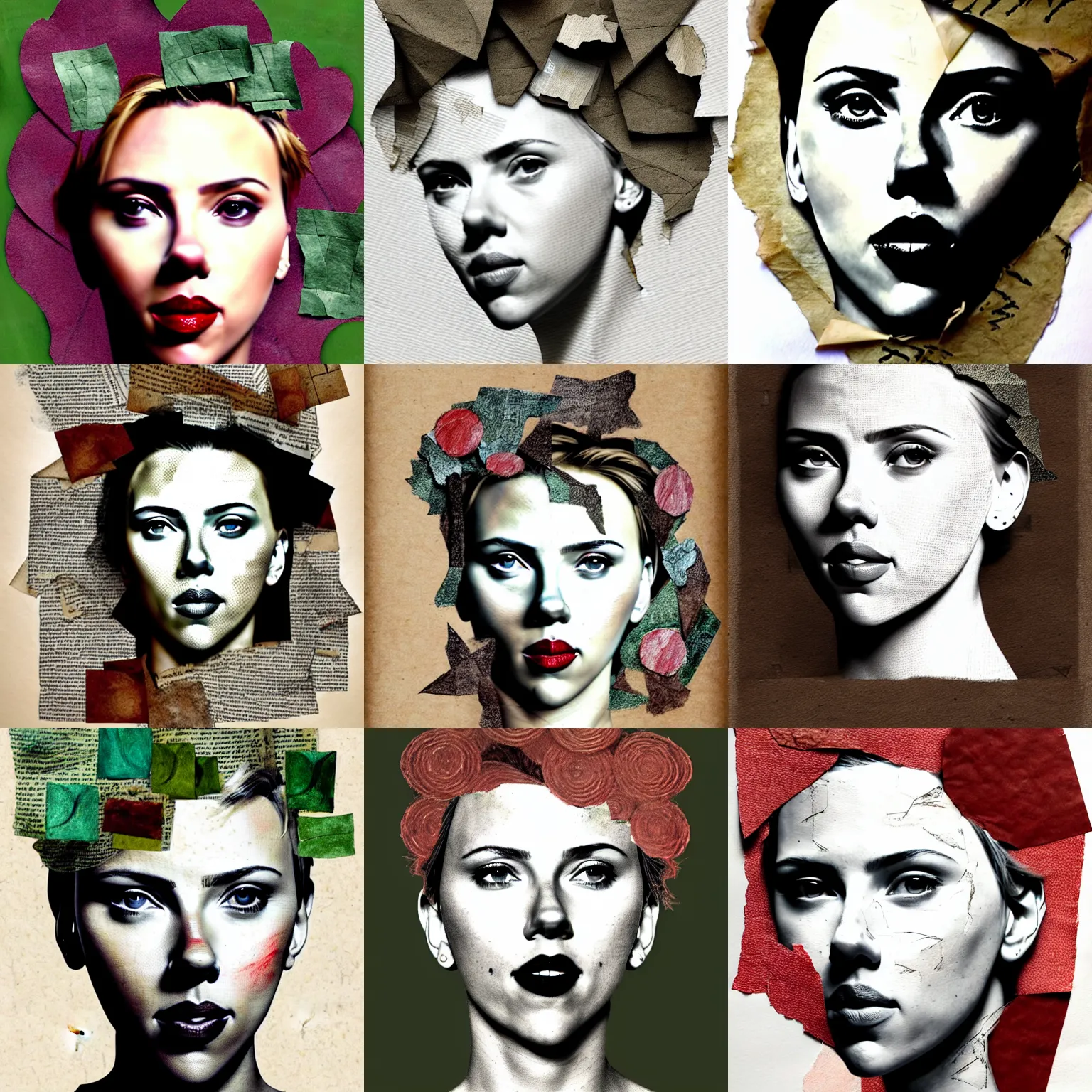 Prompt: sketched portrait of scarlett johansson, rendered in blender hedera ( ivy ) on her head head and crumpled paper as a texture, collage handwritten letters and tape, mixed media, hyperrealism mixed with expressionism, high resolution, cinematic, intircate details by gretchen andrew