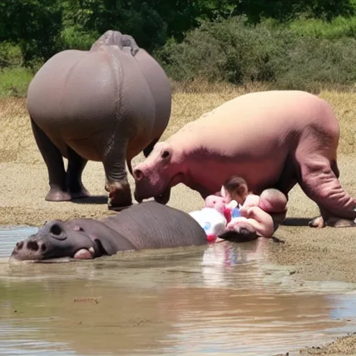 Image similar to baby human successfully resuscitates an old hippo