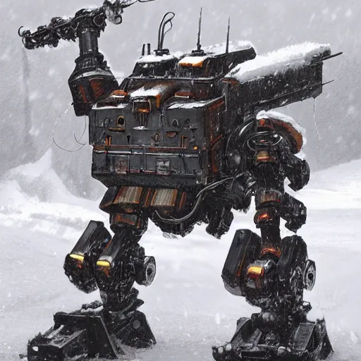 Image similar to russian walking steam mecha machine in the snow, Rozalski, trending on artstation