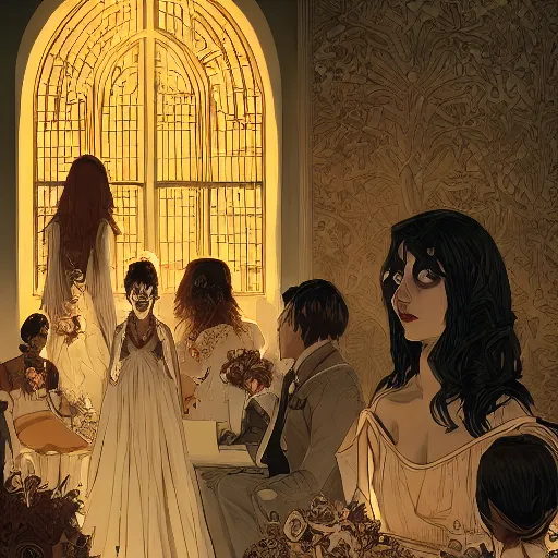 Prompt: illustration of lady at a wedding, mcbess, intricate complexity, by greg rutkowski, artgerm, ross tran, conrad roset, takato yomamoto, ilya kuvshinov. 4 k, beautiful, cinematic dramatic atmosphere