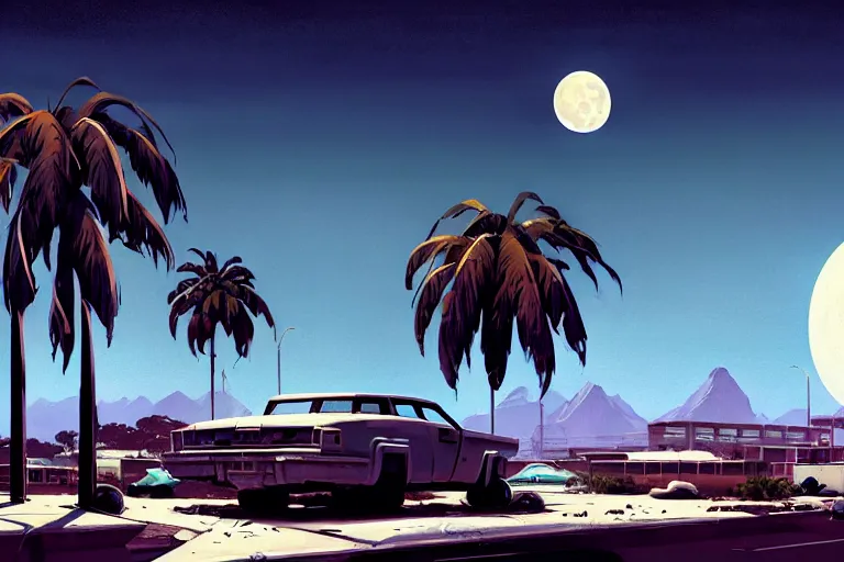 Image similar to broken robot | abandoned motel | palm trees | snowy mountains | moon in sky, painting by syd mead and weta studio and greg rutkowski and james jean and frank frazetta, gta san - andreas game screenshot, highly detailed, rule of third, soft lighting, architectural magazine, insanely intricate details, artstation trending, hypermaximalistic, high details, cinematic