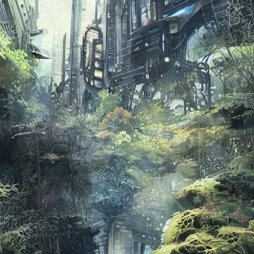 Image similar to Narrow cosy stream in beautiful overgrown futuristic sci-fi city in harmony with nature. Nice colour scheme, soft warm colour. Beautiful detailed watercolor by Lurid. (2022)