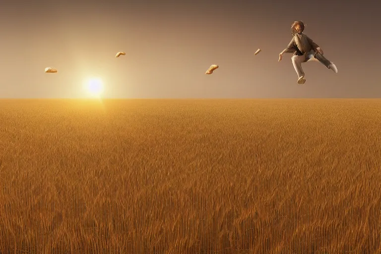 Image similar to rocks floating mid-air over a wheat field, hard light and long shadows, afternoon sunshine, detailed digital art by artgerm and WLOP, Greg Rutkowski, Felix Kelly, hyperrealistic, octane render, Refined, Detailed Digital Art, dynamic lighting, Highly Detailed, Cinematic Lighting, Unreal Engine, 8k, HD