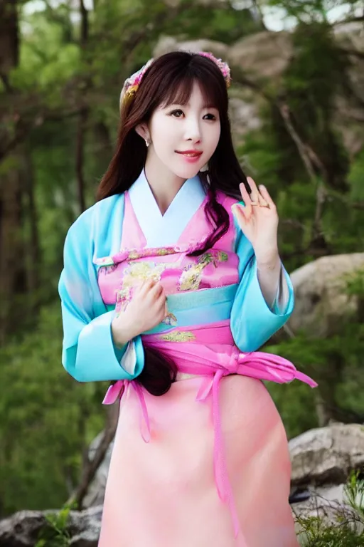 Prompt: pretty korean woman wearing beatiful hanbok, bright pastel colors