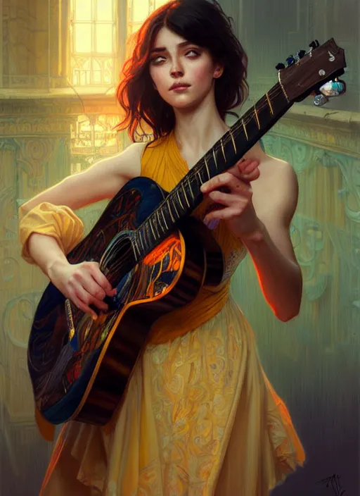 Prompt: portrait girl playing guitar in a tv screen, intricate, hivis, elegant, beautiful, highly detailed, digital painting, artstation, concept art, smooth, sharp focus, illustration, art by artgerm and greg rutkowski and alphonse mucha