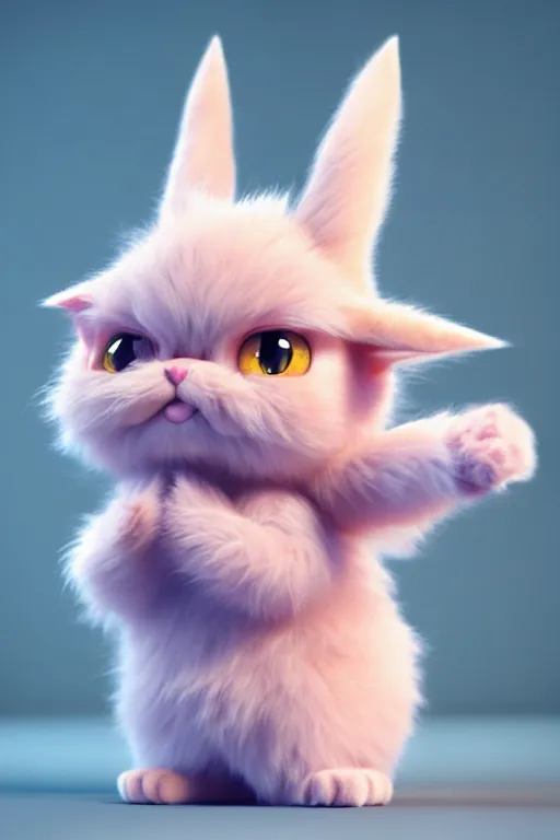 Prompt: high quality 3 d render hyperrealist very cute pastel fluffy! grumpy gargoyle cat hybrid eating giant ice cream full body, vray smooth, in the style of detective pikachu, hannah yata charlie immer, dramatic pink light, low angle, uhd 8 k, sharp focus