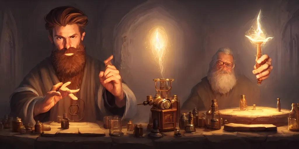 Prompt: a handsome bearded white male mage with brown hair he is casting a spell emanating from his hands, he is in a alchemist workshop filled with beakers and equipment, open hands, sharp focus, waist up, trending on artstation, by greg rutkowski, rudy siswanto and anna podedworna