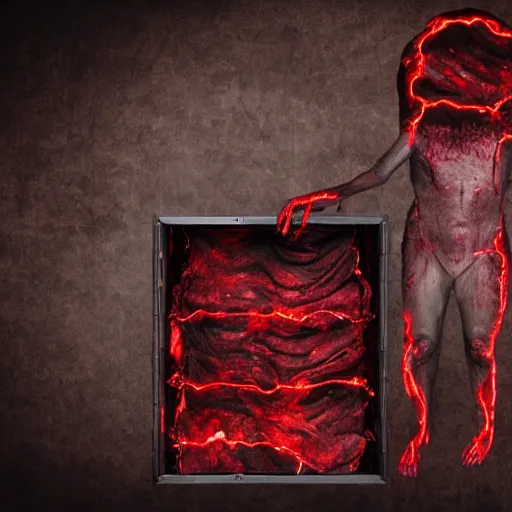 Image similar to a large box made out of human flesh, doom monster, electronic circuitry, skin, flesh!, blood, clumps of hair, lights, led, computer