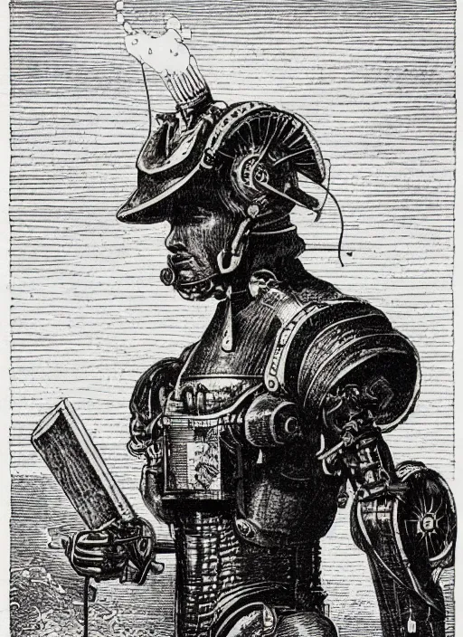 Image similar to 19th century wood-engraving of a steam powered bipedal mech, whole page illustration from Jules Verne book, art by Édouard Riou Jules Férat and Henri de Montaut, frontal portrait, high quality, beautiful, highly detailed, removed watermarks