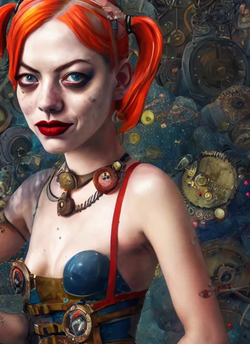 Prompt: underwater steampunk portrait of emma stone as harley quinn, hyper detailed, digital art, cinematic lighting, studio quality, smooth render, unreal engine 5, octane rendered, art style by klimt and nixeu and ian sprigger and krenz cushart.