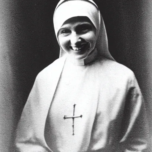 Prompt: found footage photo of a creepy nun smiling in the late 1 8 0 0 s,