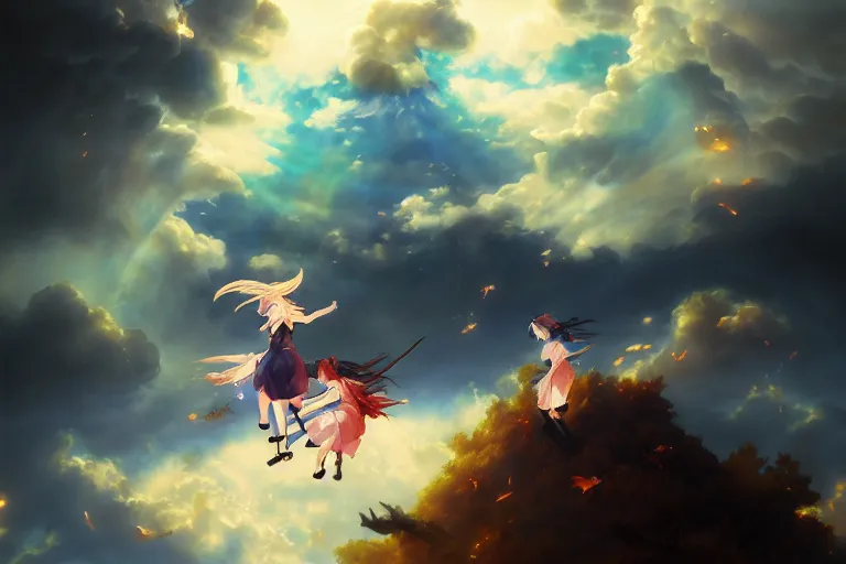 Image similar to baroque oil painting of anime key visual concept art of touhou anime witches flying on broomsticks through the sky, volumetric lighting, sunrays breaking through clouds, grimdark steampunk high fantasy, trending on artstation, brush strokes, oil on canvas, style of makoto shinkai and greg rutkowski and studio ghibli