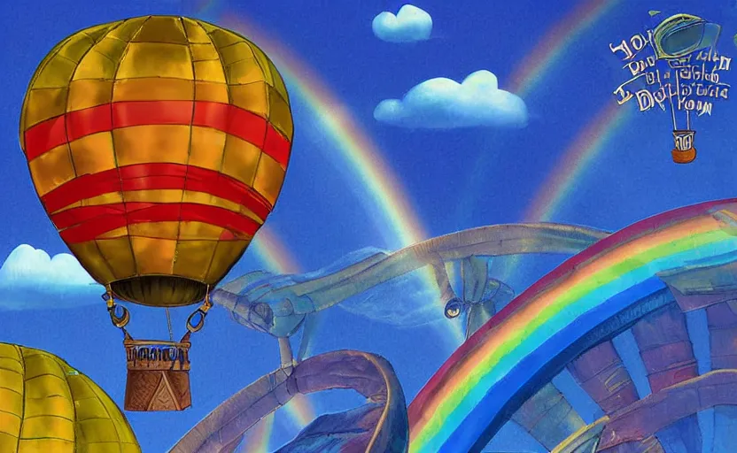 Image similar to steampunk hot air balloon flying through a double rainbow, illustration by dr seuss, detailed digital art