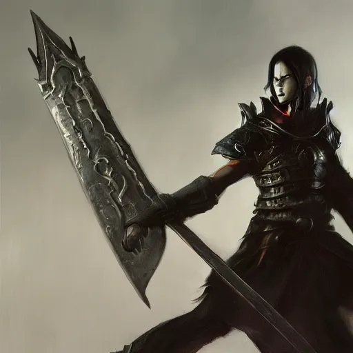 Prompt: fantasy painting of Elric wielding a plain black sword, painted by Bayard Wu, ultra detailed, 8k