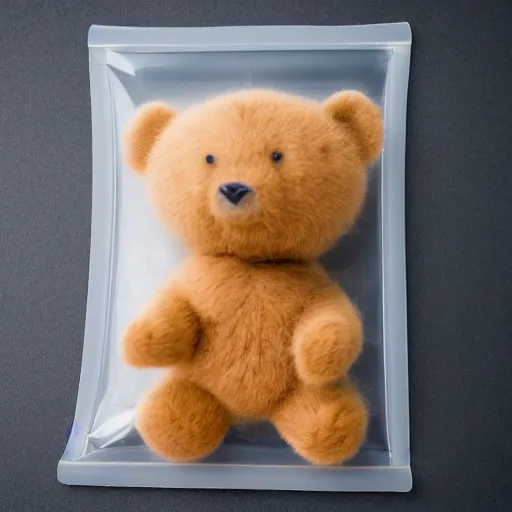 Prompt: macro shot photograph of tiny realistic looking bears inside of a plastic food bag, 4 k, highly detailed