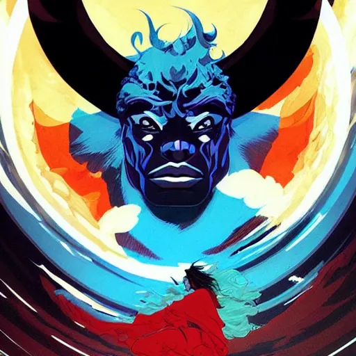 Image similar to Joshua Middleton comic art, A large black bison deity with bright fiery eyes, Dark Bison God, thick black smoke, nebulous, stormy skies, midnight, indigo, Ancient Mesoamerican god, American Gods