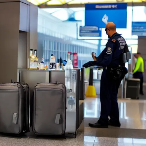 Prompt: Airport security guards stuffing large bottles of water and shampoo into their backpacks, laughing and laughing