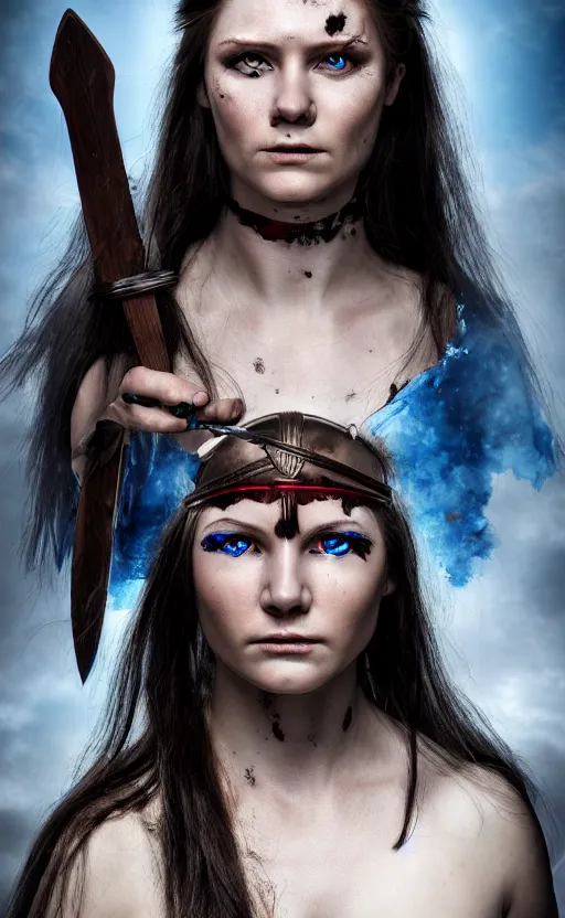 Image similar to photorealistic portrait of female viking warrior with black hair and bloody nose, blue eyes, porcelain skin, shoulders, determined