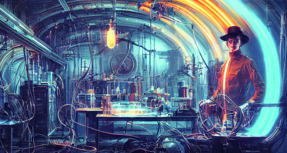 Prompt: nikolai tesla in his lab, electrical arcs, neon glow, highly detailed, digital art, intricate, dramatic lighting, neon colors, cinematic, art by artgerm, greg rutkowski, guy denning