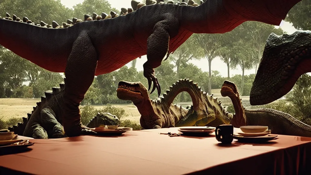 Image similar to the strange dinosaur sits at a table, film still from the movie directed by Denis Villeneuve with art direction by Salvador Dalí, long lens, shallow depth of field