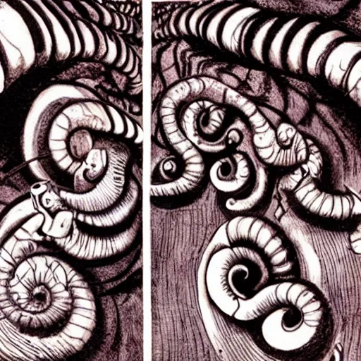 Prompt: intricate snails entwined in horrible agency and agony in the deepest dungeons of hell, by Junji Ito and Dave McKean