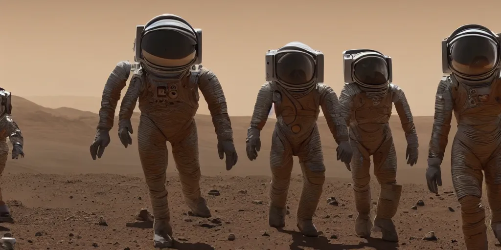 Prompt: workers on mars in space suits returning home after a hard days work with a megastructure in the distance, hyper realistic, in the style of ready player one 8K HD