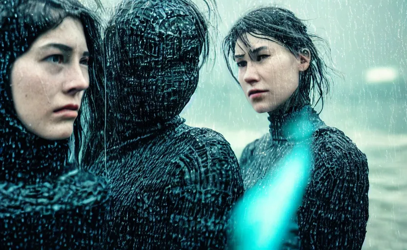 Image similar to cinestill 5 0 d candid photographic portrait by christopher nolan of two loving female androids wearing rugged black mesh techwear in treacherous waters, extreme closeup, modern cyberpunk retrofuturism moody emotional cinematic, pouring iridescent rain, 8 k, hd, high resolution, 3 5 mm, f / 3 2, ultra realistic faces, ex machina