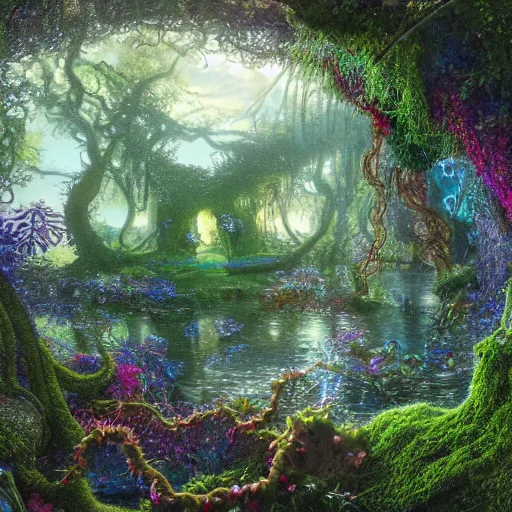 Image similar to a beautiful and highly detailed digital painting of a portal to fairyland, iridescent crystals, moss, multicoloured vines, tangled, the secret garden. intricate details, epic scale, hyperdetailed, hyperrealism,, artstation, cgsociety, 8 k, sharp focus, by caspar friedrich, albert bierstadt, james gurney, brian froud,