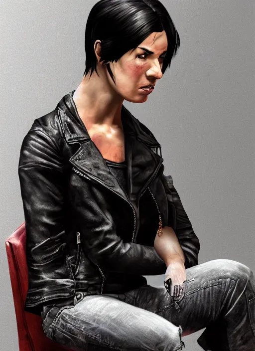 Prompt: an angry thoughtful woman with black hair and a leather jacket and a grey shirt, sitting on a chair in a run down hotel room, muscular upper body, abs, gritty, intricate, elegant, highly detailed, digital painting, artstation, smooth, sharp focus, illustration, unreal engine 5, face enhance, masterpiece