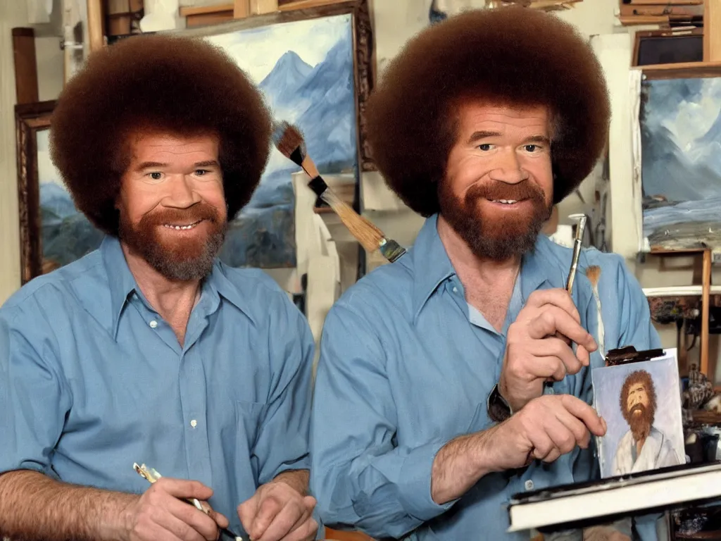 Prompt: Bob Ross painting a portrait of Bob Ross painting a portrait of Bob Ross, infinite recursion