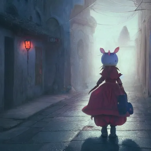 Image similar to Portrait of a Moogle Girl from Final Fantasy, huggy wuggy from poppy playtime video game sneaking through the streets of a medieval village at night, glowing lights, oil painting, Greg Rutkowski, Charlie Bowater, Beeple, unreal 5, DAZ, hyperrealistic, octane render, RPG portrait, dynamic lighting, fantasy art, beautiful face