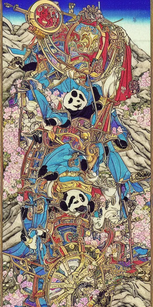 Prompt: a chariot drawn by pandas in japan, 1990s anime, full color, tarot card the chariot, highly detailed, intricate design,