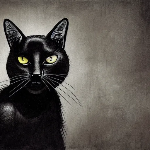 Prompt: [ threateningly supposed evil anthropomorphic black cat ]! illustrated by [ trevor henderson ]!, horror! art style, macabre feel, dark! atmosphere and lighting, 4 k photorealistic! photography, shot by jimmy nelson, trending on [ unsplash ]!, contest winner, cgsociety photorealism, award winning, anthropomorphic full - body!