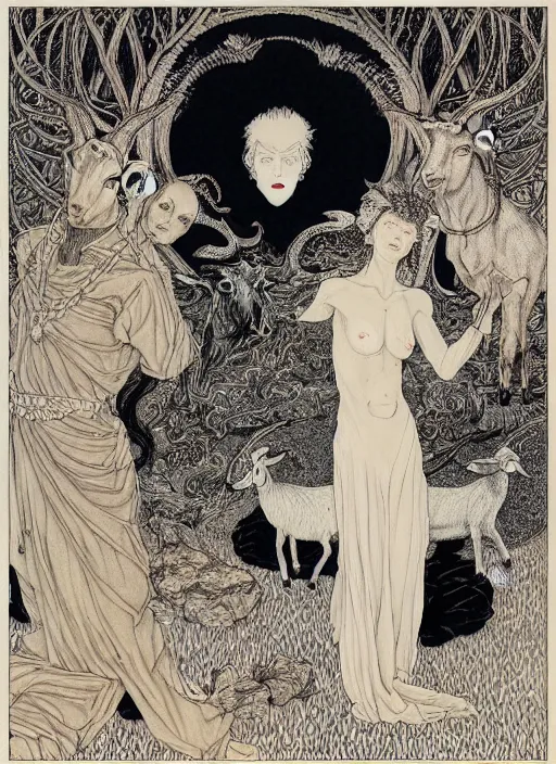 Image similar to boy, girl and a goat, by austin osman spare and Takato Yamamoto and Vania Zouravliov, high resolution