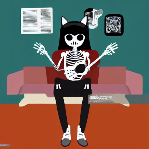 Image similar to skeleton wearing headphones watching girl playing guitar with her black cat, vector art